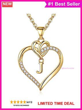 14k Gold Plated Heart Initial Necklace CZ Pendant Women Gift